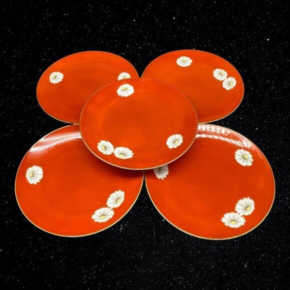 Set Of 5 Noritake Nippon Toki Kaisha Red Bread & Butter Plates Red Flowers 6”D - Picture 1 of 4